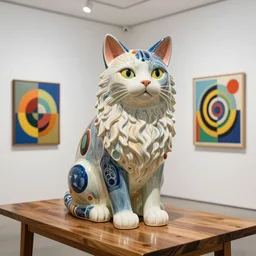 beautiful gallery show studio photograph of a giant realistic ceramic sculpture of a fluffy cat, glazed by bridget riley and victor vasarely, placed on a polished wooden table, colorful hyperrealism 8 k trending on artstation