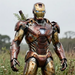 overgrown, rusted, and battle damaged iron man suit, 4k realistic photo