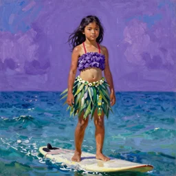 blue violet by william gropper, by eugene grasset lifelike. the painting of a young girl in a traditional hula outfit. she is standing on a surfboard in front of a beautiful ocean landscape.