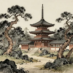 digital painting of old japanese landscape with pagoda, curved trees and rocks, detailed, high quality, trending on artstation
