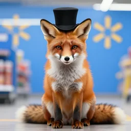 medium shot, photo of a fox animal sitting in walmart, wearing a top hat. beautiful lighting, calming, by charlie waite, max rive, caroline foster.