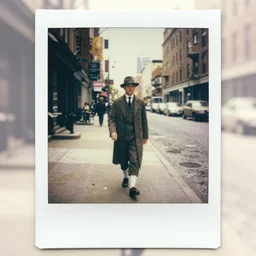 Polaroid photo of a Block walking in a 1920's city, award winning