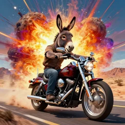 anthropomorphic donkey with human characteristics, riding a harley - davidson motorcycle, on a desert highway, digital art, epic composition, fantasy, explosion of color, highly detailed, in the style of jake parker, in the style of conrad roset, in the style of ed roth, swirly vibrant colors, sharp focus