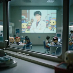 fuji 5 0 r, 3 5 mm, hyperrealism ; closeup film still of busy medical bay interior with table side window lookout view like ; in the background projection of beautiful film still from ronin movie of seinen manga funko pop emoji scene in style of 1 9 9 0 frontier in closeup porcelain photography magazine architectural studio edition, highly detailed, cinematic lighting, 8 k