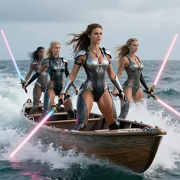 viking women in speed boats!!, wearing a skin - tight futuristic valkerie bikinis, holding laser swords, rough seas in background, hyper - realistic, highly detailed, accurate, 8 k octane render