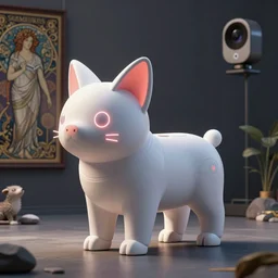 product photo of a futuristic stylized robot pet, minimalistic kindchenschema, by artgerm and greg rutkowski and marc newson and zaha hadid, alphonse mucha, zaha hadid, samsung apple webcam, sleek matte glossy materials, neon, kitten puppy pig otter fennec inspired. side view, volumetric light, detailed, octane render, midsommar