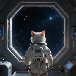 cat in a space suit from behind in a space station watching the stars trough a large window, digital painting, dramatic lighting, highly detailed, artstation, concept art