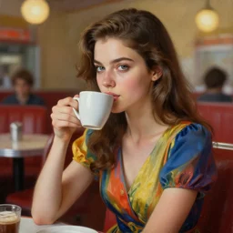 beautiful oil matte portrait painting, young women in multicolored dresses drinking coffee in an american diner, detailed face, wonderful masterpiece highly detailed, beautiful cinematic light deep focus, elegant, digital painting, smooth, sharp focus, golden ratio, dramatic illumination, ultra realistic, 8 k, art by jimmy law and caravaggio