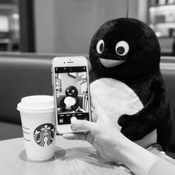 penguinz 0 sitting inside a starbucks, taking a picture of his drink cup with his iphone 1 2, black and white photo, real, photorealistic