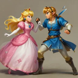 princess zelda fighting princess princess peach, action scene, elegant, highly detailed, digital painting, artstation, concept art, matte, sharp focus, illustration, art by artgerm and greg rutkowski and alphonse mucha