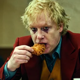 film still close - up shot of boris johnson as the joker eating fried chicken from the movie the dark knight. photographic, photography