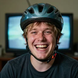 A portrait of special needs Logan Paul wearing a bicycle helmet. Massive grin. Mad TV. cursed and haunted. double chin.