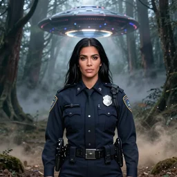 kim kardashian as a cop, police uniform, chest and face in view, full portrait, haunted forest with ufo sitting in the distant fog, pretty, aesthetic, dust molecules, matte detailed photo, DeviantArt, Artstation, by donato giancola, ralph horley, loish, ufo lighting