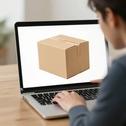 a man looking at a laptop with a cardboard box on the screen, hd photo