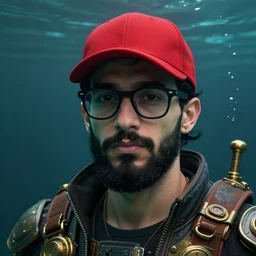 underwater steampunk biopunk portrait of a black haired ducktail bearded young middle eastern american male wearing black wayfarer glasses and red baseball cap, cinematic lighting, studio quality, smooth render, unreal engine 5 rendered, octane rendered, art style by klimt and nixeu and ian sprigger and wlop and krenz cushart.