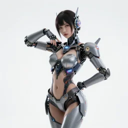 beautiful centered fine art photo portrait of graceful girl with solarpunk mecha humanoid parts with led lights, sexy pudica pose gesture, photorealistic, white background, highly detailed and intricate, soft box lighting, shallow depth of field hdr 8 k