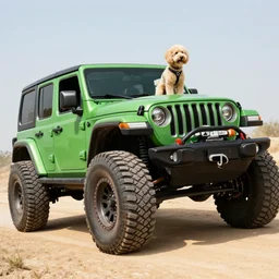 Green jeep wrangler with huge off road tires being driven by a tan labradoodle dog, amateur photography,