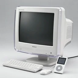 early 2010s blobject fat 2-in-1 computer+monitor combo. Bulbous, bulky machine. clear plastic and white plastic. CRT monitor. KBDMOUSE. ipod classic style. whites and grays. 4k photography