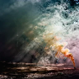 analog photo of colored smoke, color bleed, gritty, ambient light