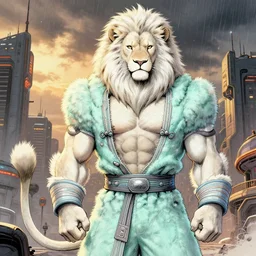 aesthetic portrait commission of a of a male fully furry muscular anthro albino lion with a tail and a beautiful attractive hyperdetailed face wearing wearing a traditional mongolian cute mint colored cozy soft pastel winter outfit in a sci - fi dystopian city at golden hour while it storms in the background. character design by dayer, diego 5, detailed, inked, western comic book art, award winning film poster painting