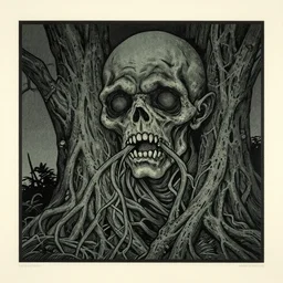creepy tree mutant with vines in its mouth, a woodcut by elwood h. smith, pinterest, ukiyo - e, woodcut, poster, shin - hanga