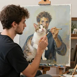 man holding a cat and paintbrush, painting is a painting of himself painting