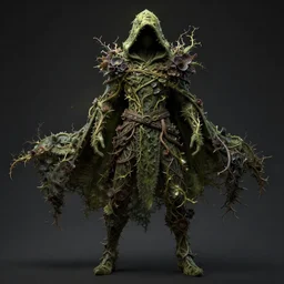 full character concept art, male ranger wearing a hooded cape made of vines, dark flowers, roots and thorns, detailed, glow, high quality, dynamic lighting, dark fantasy. artwork by artgerm, wlop, alex ross, greg rutknowski, alphonse mucha
