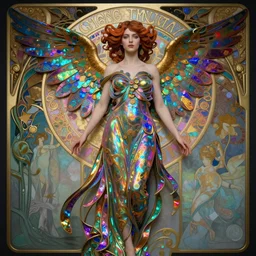 a very beautiful highly detailed hyperrealistic 8 k render of carolyn murphy as dark psychedelic seraphim an alphonse mucha style gustav klimt rainbow iridescent shining photograph, centered in an art nouveau background trending on artstation octanerender