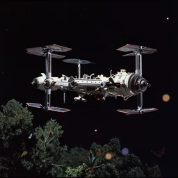 Film still of a space station, dark sky, stars, trees, birds, butterflies, bokeh, Cinestill colour cinematography, anamorphic, Greg Rutkowski, Thomas Kinkade