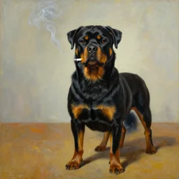 oil painting by salvador dali of a rottweiler smoking a cigarette