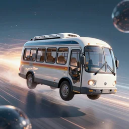 bizarre interdimensional scene of a time-traveling microbus leaping into hyperspace. ultra-wide shot, detailed, trending on artstation, light effect, 8k, unreal engine 5, epic, masterpiece, highly detailed