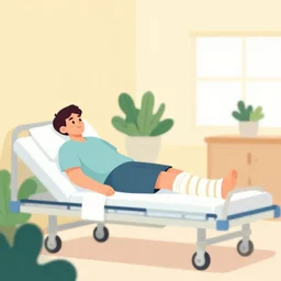 a man with a broken leg in a cast lies in a cozy hospital room with lots of vegetation and bright walls, flat design illustration, limited color palette, low angle, side view