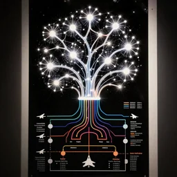 black background detailed complex neural network with bright neutrons and glowing synapses logic tree flow chart different layered colored pathways labeled data markers fighter jet matrix depth of field