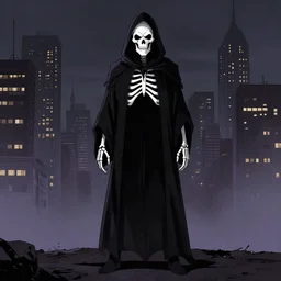 a full body shot of The Grim Reaper by Brahm Revel,colored by Ronda Pattison,white skeleton face,city in the background,dark colors,detailed,artstation,style of IDW Publishing