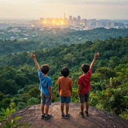 three inner city kids standing on the edge of a mountain overlooking a vast Forest with a glowing City on the horizon , epic photography, epic landscape, cheerful, hopeful,
