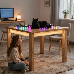 beautiful picture. table in ikea lack, oak color, with led lighting inside. a black cat lies on an ikea lack table. multi - colored leds, garland. a beautiful girl with long hair sits on the floor. scandinavian style interior. canon. high definition.
