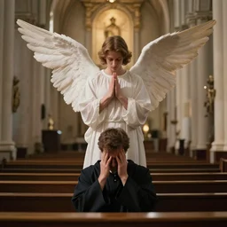 angel protecting man who is praying inside a church