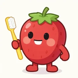 a cute strawberry character with two front teeth, holding a yellow toothbrush, in the style of jamie hewlett
