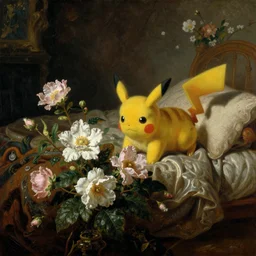 Flowers on a bed, oil painting,  1700s, dark background, hidden pikachu