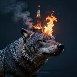 a sea wolf head, with a offshore oil in his head, smoke, fire by tomer hanuka, john kenn mortensen, award winning photography, octane render, dramatic ilumination