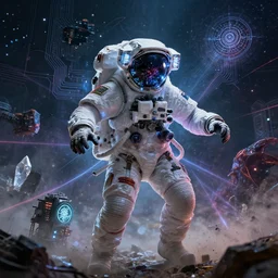 astronaut summoning cosmic horrors, technology and magick, circuitry and sigils combined, photorealistic, royo, frazetta, leds, dust, laser light, crystalline shimmers, chaos, complexity, emergence,