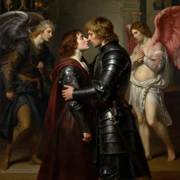 attractive handsome fully clothed jaime lannister confesses his love for attractive fully clothed and armored brienne of tarth. centered composition. highly detailed painting by gaston bussiere and j. c. leyendecker and william adolphe bouguereau and fra angelico and octane render, musee d'orsay 8 k
