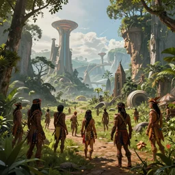 a futuristic civilization living alongside with amazon tribe, matte painting ultrarealistic, cinematic lighting, 4k, wide angle, trending on artstation, style by dylan cole