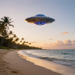 ufo flying over tropical beach reminiscent of kamaole beach park in the sunset, photorealistic, beautiful