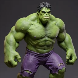 3d clay model of the incredible hulk, ultra fine detail, hair strands, ultra high resolution, fine texture detail, miniature painting techniques, perfect proportions, marvel cinematic universe, ripped purple trousers, green skin, dramatic, eric bana