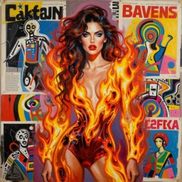 acrylic painting of a woman in fire fashion, mixed media collage by basquiat and jackson pollock, maximalist magazine collage art, retro psychedelic illustration