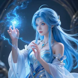 girl sorcerer with blue hair, learning how to use magic. radiating blue energy. photorealistic, magical atmosphere, by Kan Liu, Andreas Rocha, guillaume tholly, Gthl.art, Makoto Shinkai, genshin impact, Breath of the wild, studio ghibli. Trending on ArtStation. award winning, daily deivation