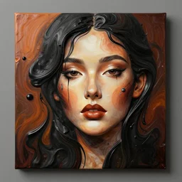 abstract art with swirly black liquid acrylic paint and beautiful female face, beautiful color composition, warm colors, black details, 3 d sculpt, zbrush, octane render, dark mood