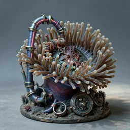 airbrushed machined sea anemone driven insane by neon piping alex ross, vincent di fate, kelly freas fine art masterpiece baked at 3 0 0 f, matte painting, cold lighting, aged with sunlight, award winning horror, photorealistic render, cinematic