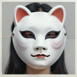 detailed 6 0 0 mm realistic photography of asian girl wear use 👹 mask focuses on the nuances of the human face and subtle shifts in tonal value, silhouette composition, neutral, cool - toned palette, fluid patterns, powerful composition, opaque paints, grid method.